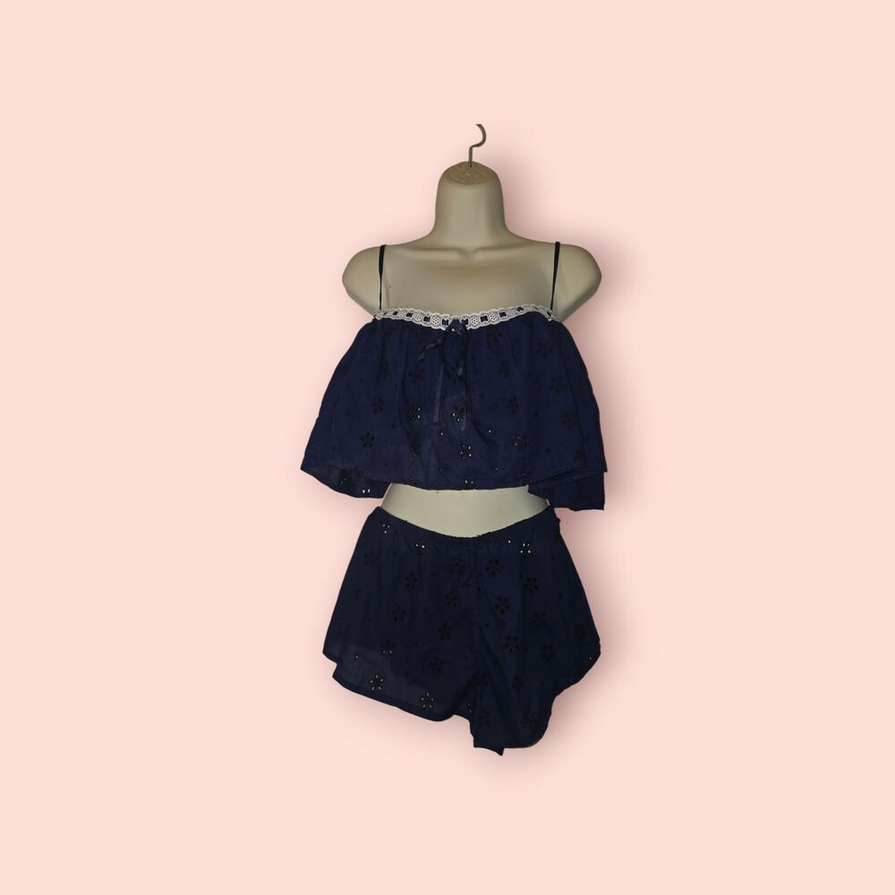 Victoria's Secret Heritage Cotton Eyelet Cami Flutter Shorts Set Large 2pcs Blue